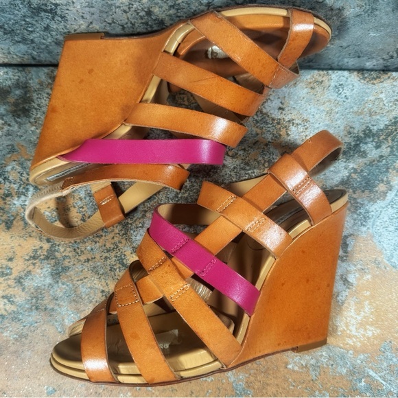 Vintage DIANE VON FURSTENBERG Heels Size 7B Tan & Pink Leather Strappy Wedges - Picture 5 of 8